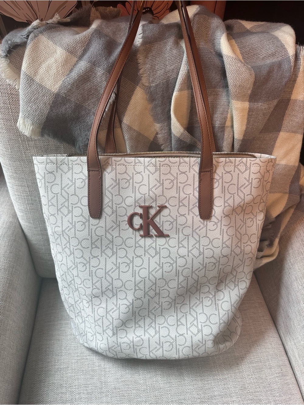 Calvin Klein Cream Monogram Tote with Brown Handles